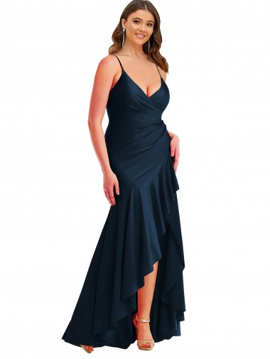 Pleated Wrap Ruffled High Low Silky Satin Bridesmaid Dress