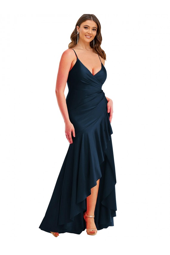 Pleated Wrap Ruffled High Low Silky Satin Bridesmaid Dress