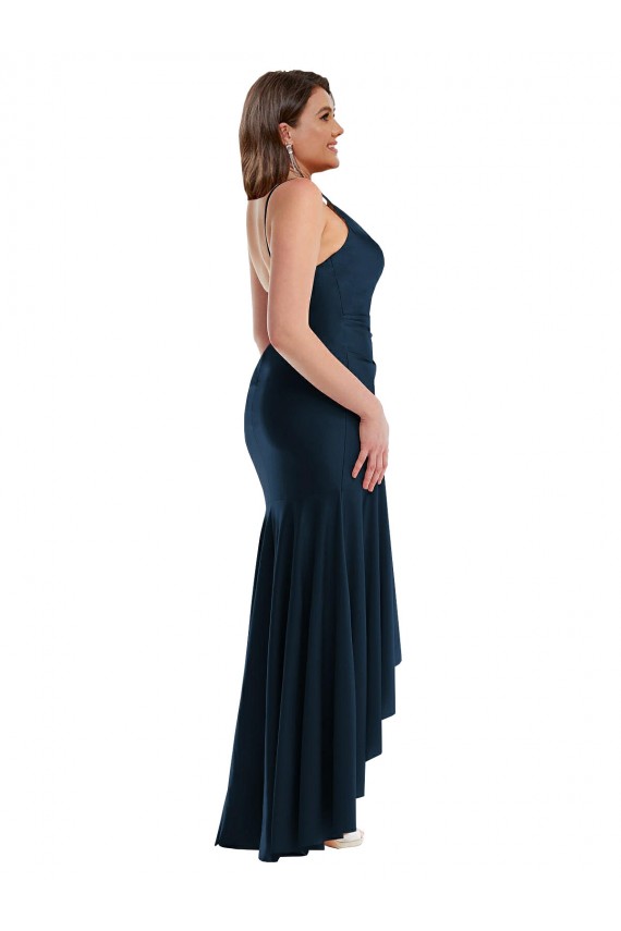 Pleated Wrap Ruffled High Low Silky Satin Bridesmaid Dress