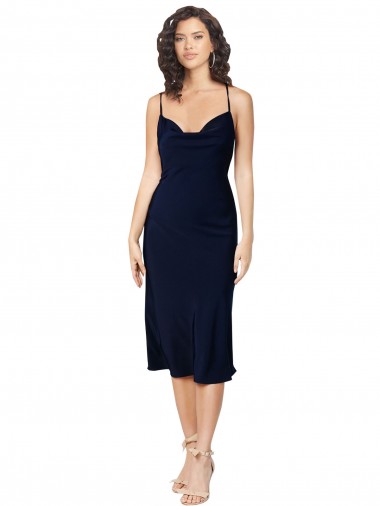 Short Midi Length Silky Satin Bridesmaid Dress with Cowl Neck and Cross Back Straps