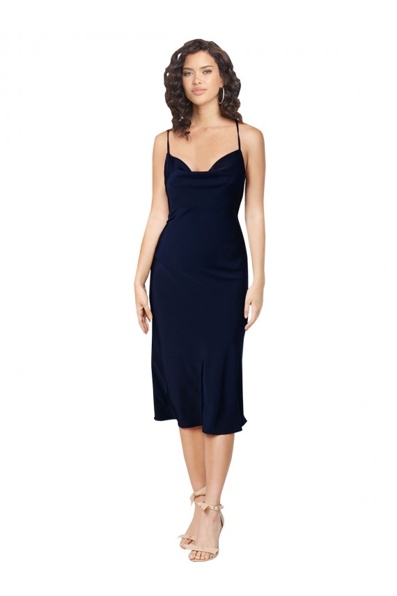 Short Midi Length Silky Satin Bridesmaid Dress with Cowl Neck and Cross Back Straps