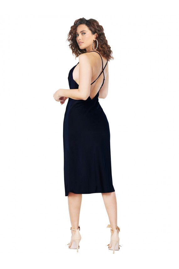 Short Midi Length Silky Satin Bridesmaid Dress with Cowl Neck and Cross Back Straps