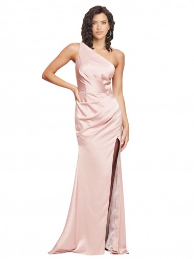 Full Length Ruched Silky Satin Bridesmaid Dress with Low Back and High Split