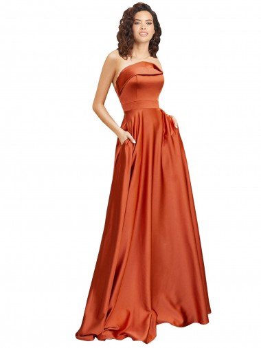 Strapless Sweep Train Silky Satin Bridesmaid Dress with Pleats