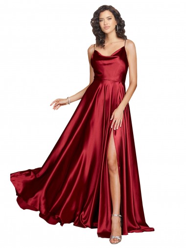 Silky Satin Cowl Neckline Long Bridesmaid Dress with Spaghetti Straps