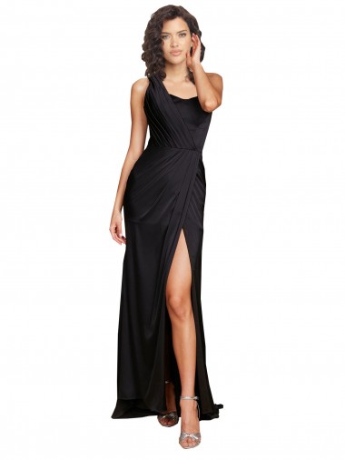 Full Length One Shoulder Ruffled Long Silky Satin Bridesmaid Dress with High Slit