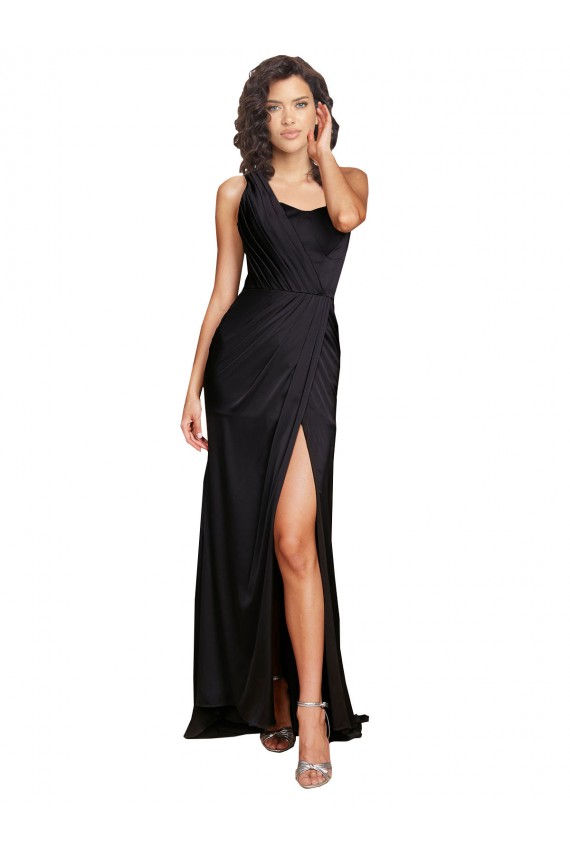 Full Length One Shoulder Ruffled Long Silky Satin Bridesmaid Dress with High Slit