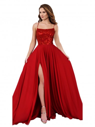 Lace Over Bodice Long Spandex Bridesmaid Dress with Slit