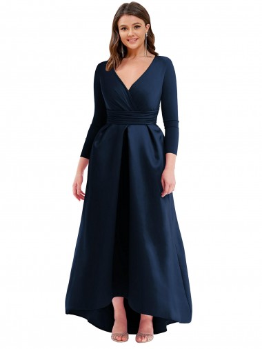 Long Sleeves Wrapped Spandex Bridesmaid Dress with High Low Full Skirt and Pockets