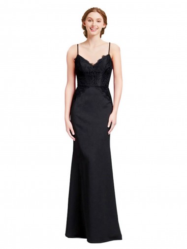 Long Chiffon Bridesmaid Dress with Lace Bodice and Curved V-Neckline