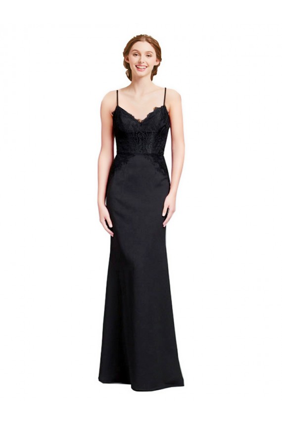 Long Chiffon Bridesmaid Dress with Lace Bodice and Curved V-Neckline