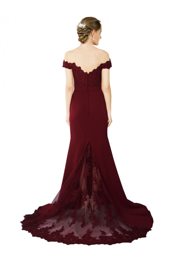 Full Length Off the Shoulder Crepe Bridesmaid Dress with Lace On Bodice and Back