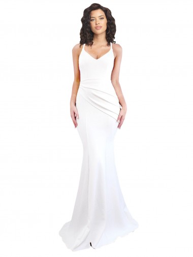 Fishtail Shape Spaghetti Straps Open Back Crepe Bridesmaid Dress with Ruffles