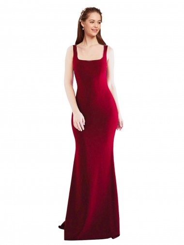 Square Neckline and Backline Fitted Crepe Bridesmaid Dress