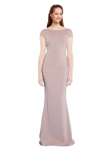 Boat Neck Cap Sleeve Crepe Bridesmaid Dress with Plunging Tie Back