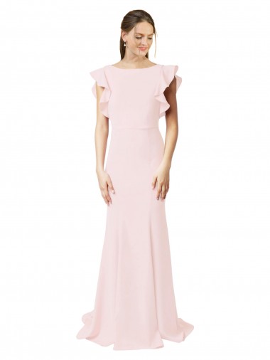 Low V-Back Long Mermaid Crepe Bridesmaid Dress with Ruffled Sleeves