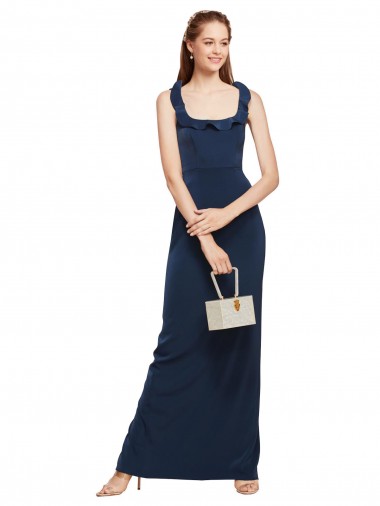 Scoop Neck with Ruffles Long Crepe Bridesmaid Dress with Back Slit