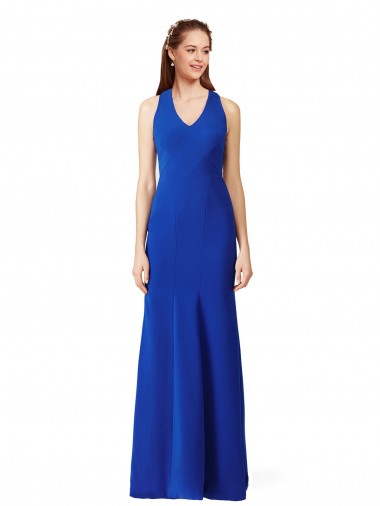 Halter V-Neck Long A-Line Crepe Bridesmaid Dress
