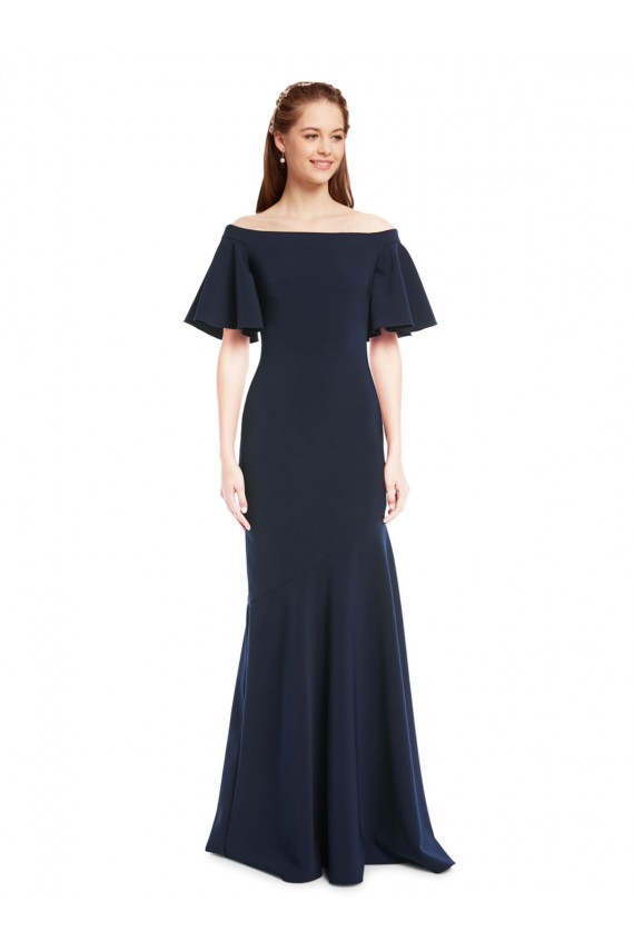 Off the Shoulder Crepe Bridesmaid Dress with Short Ruffle Sleeves.