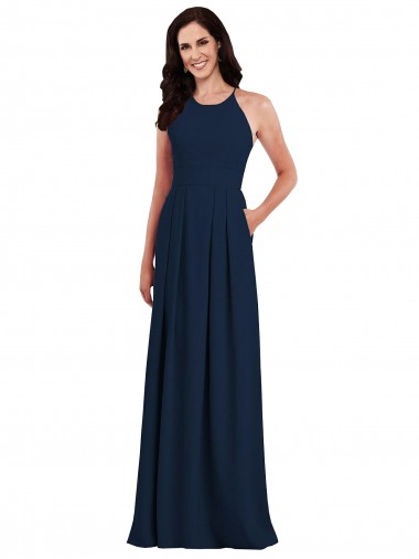Criss Cross Back Crepe Halter Bridesmaid Dress with Pockets