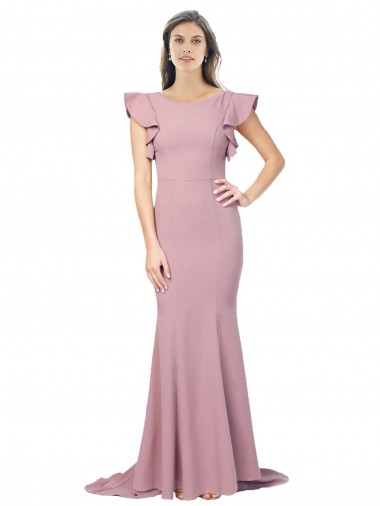 Flutter Sleeves Low V-Back High Round Neck Crepe Bridesmaid Dress