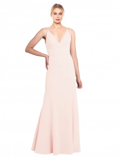 Slim A-Line V-Neck Long Stretch Crepe Bridesmaid Dress with V-Back