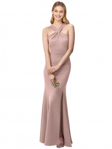 Long Floor Length High Neck Fit and Flare Stretch Crepe Bridesmaid Dress with Side Slit