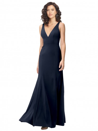 Classic V-Neck Long Stretch Crepe Bridesmaid Dress with V-Back