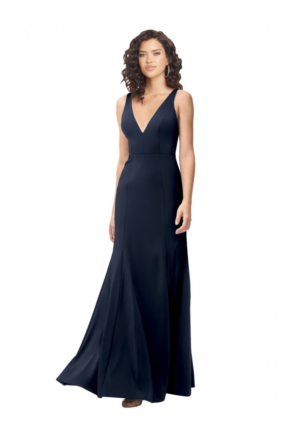 Classic V-Neck Long Stretch Crepe Bridesmaid Dress with V-Back