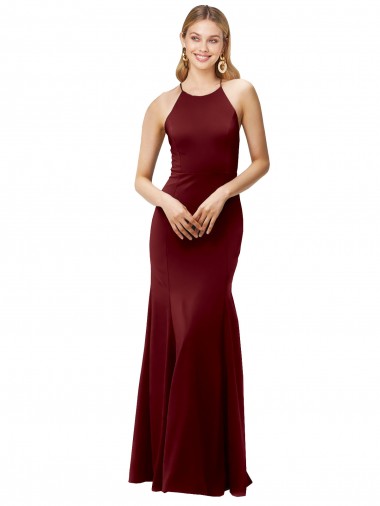 Fit and Flare Halter Neckline Stretch Crepe Bridesmaid Dress with Strappy Back