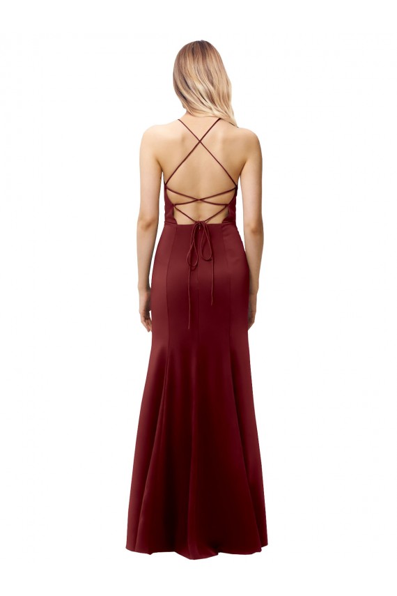 Fit and Flare Halter Neckline Stretch Crepe Bridesmaid Dress with Strappy Back