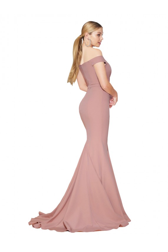 Off the Shoulder Sweetheart Long Sweep Train Crepe Bridesmaid Dress
