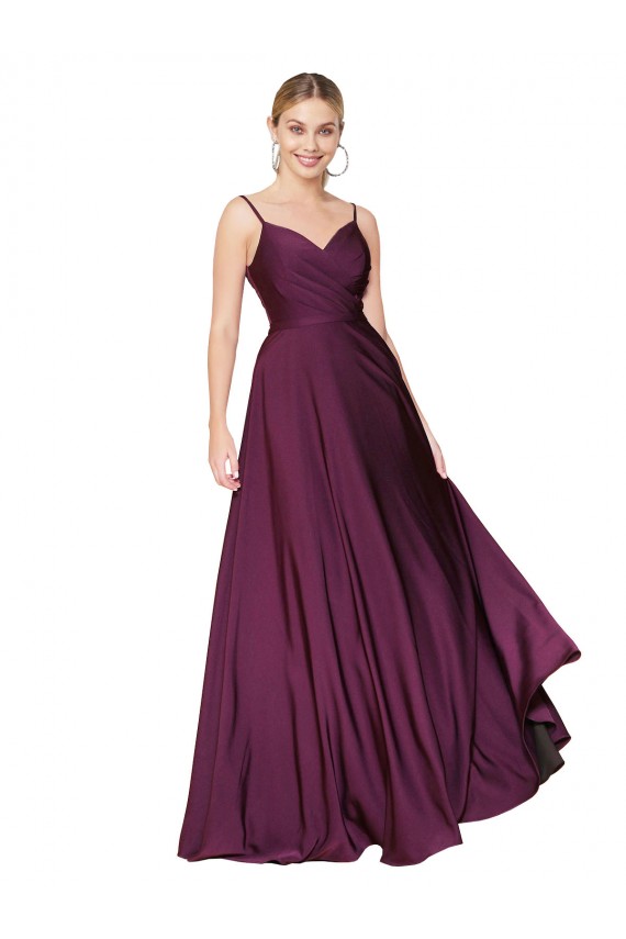 High Neck Spaghetti Straps Long V-Back Crepe Bridesmaid Dress