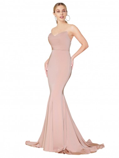 Sweep Train Sweetheart Long Mermaid Crepe Bridesmaid Dress Low Back