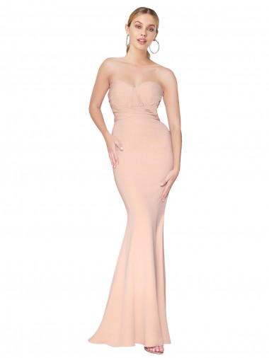 Sweetheart Shirred Neck Long Floor Length Crepe Bridesmaid Dress