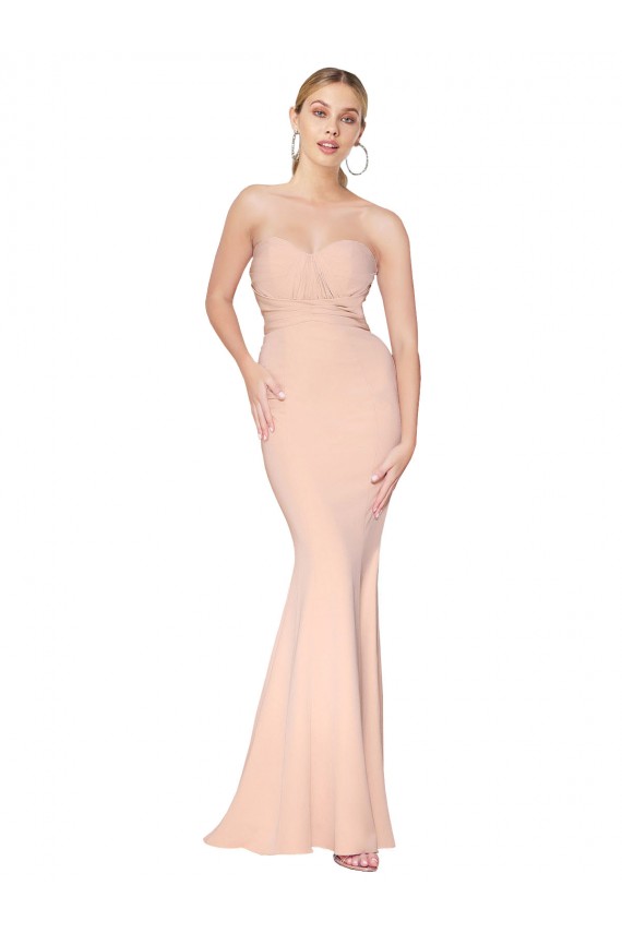 Sweetheart Shirred Neck Long Floor Length Crepe Bridesmaid Dress
