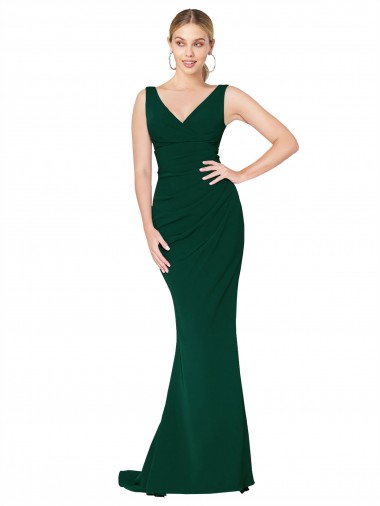 V-Neck Floor Length Long Crepe Mermaid Bridesmaid Dress