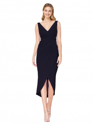 Knee Length V-Neck Crepe Wrap Short Bridesmaid Dress