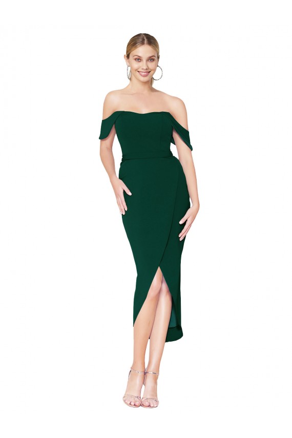 Off the Shoulder Knee Length Crepe Wrap Short Bridesmaid Dress