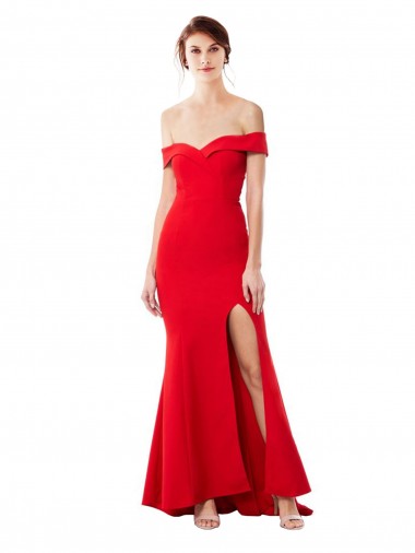 Off the Shoulder Sweetheart Maxi Crepe Bridesmaid Dress With Thigh Split and Train