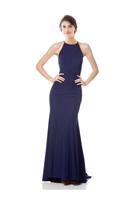 High Neck Fishtail Crepe Bridesmaid Dress with Open Back Detail
