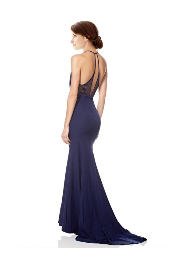 High Neck Fishtail Crepe Bridesmaid Dress with Open Back Detail