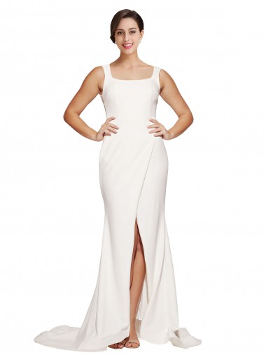 Square Neck Long Sheath Sweep Train Crepe Bridesmaid Dress 