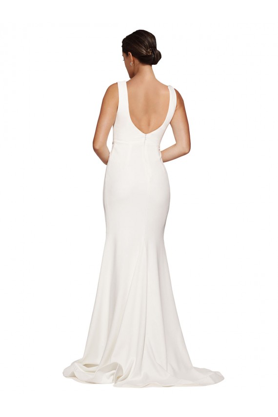 Square Neck Long Sheath Sweep Train Crepe Bridesmaid Dress 