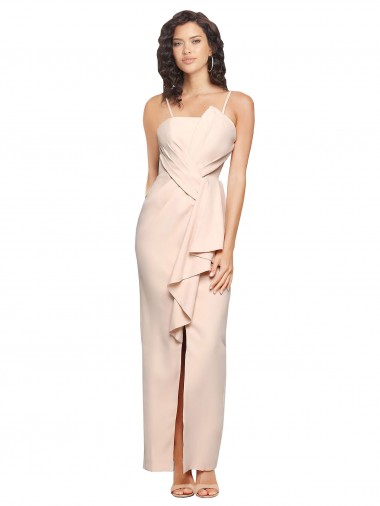 Long Full Length Ruffles Strapless Low Back Crepe Bridesmaid Dress with Straps