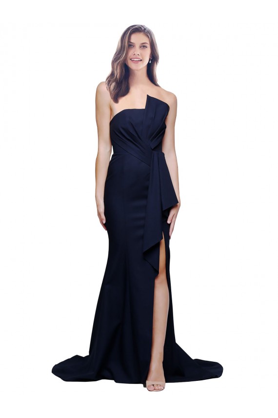Long Strapless Sweep Train Low Back Crepe Bridesmaid Dress