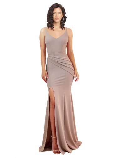 Fishtail Shape V-Neck Crepe Bridesmaid Dress with Slit
