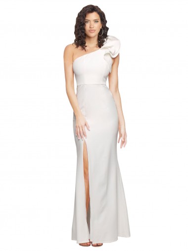 One Shoulder Long Full Length Crepe Bridesmaid Dress with Ruffles and Side Split