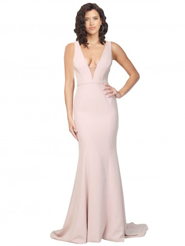 Deep Plunging V-Neckline Full Length Crepe Bridesmaid Dress with Deep V-Backline