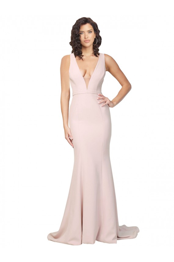 Deep Plunging V-Neckline Full Length Crepe Bridesmaid Dress with Deep V-Backline